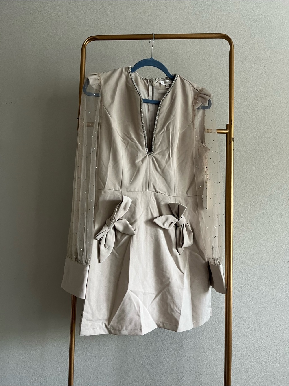 Sheer Sleeve Taupe Mini Dress with Decorative Bows